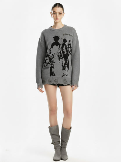 Retro Shadow Figure Chain Zip Distressed Knit Sweater