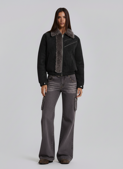 Retro Suede Texture Shearling Collar Fleece Bomber Jacket