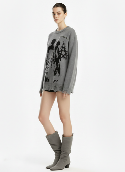 Retro Shadow Figure Chain Zip Distressed Knit Sweater