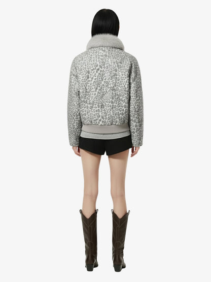 Vintage Leopard Fleece Faux Fur Collar Panel Trim Padded Jacket