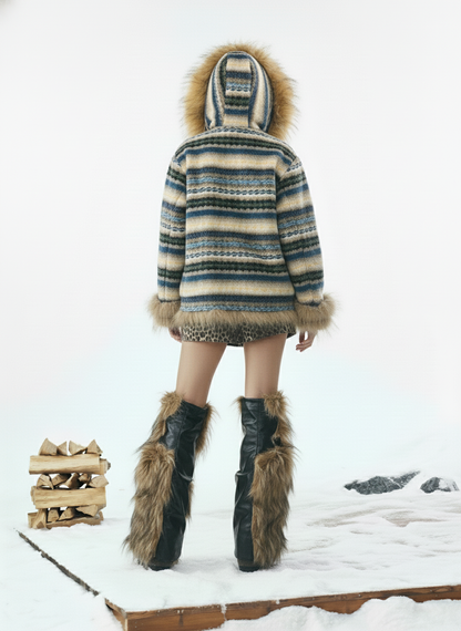 Retro Striped Reversible Faux Sheepskin Collar Jacket