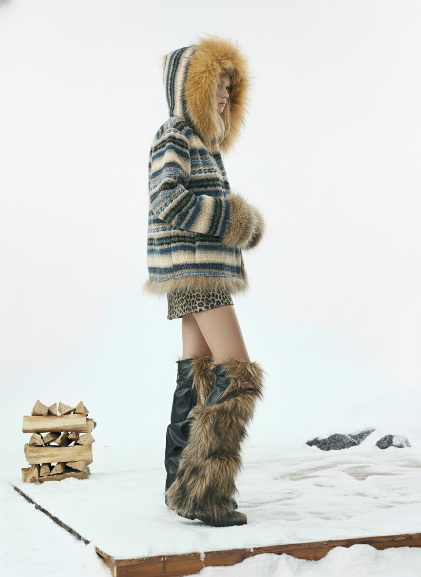 Retro Striped Reversible Faux Sheepskin Collar Jacket