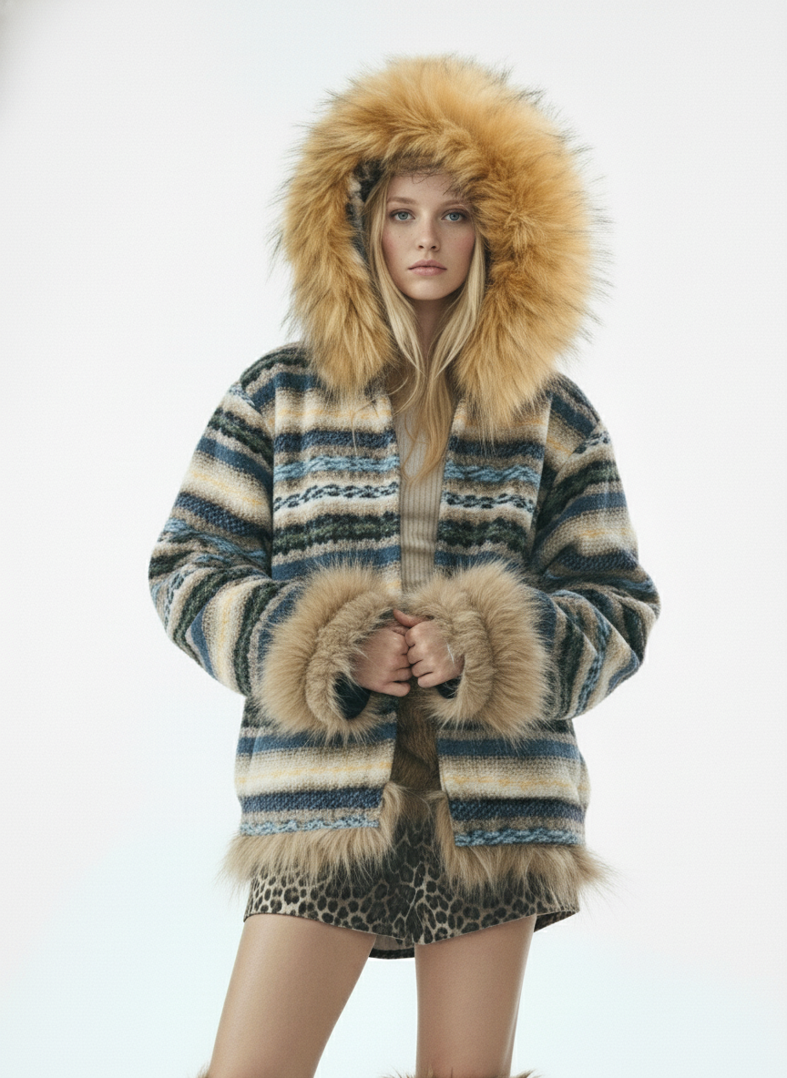 Retro Striped Reversible Faux Sheepskin Collar Jacket