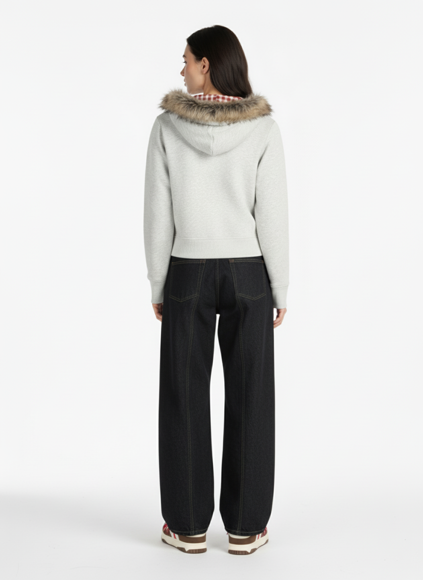 Thesupermade American Retro Gradient Letter Print Splicing Cardigan Fur Collar Coat