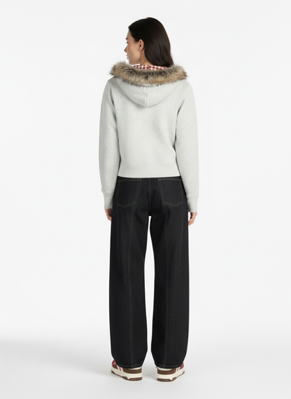 Thesupermade American Retro Gradient Letter Print Splicing Cardigan Fur Collar Coat