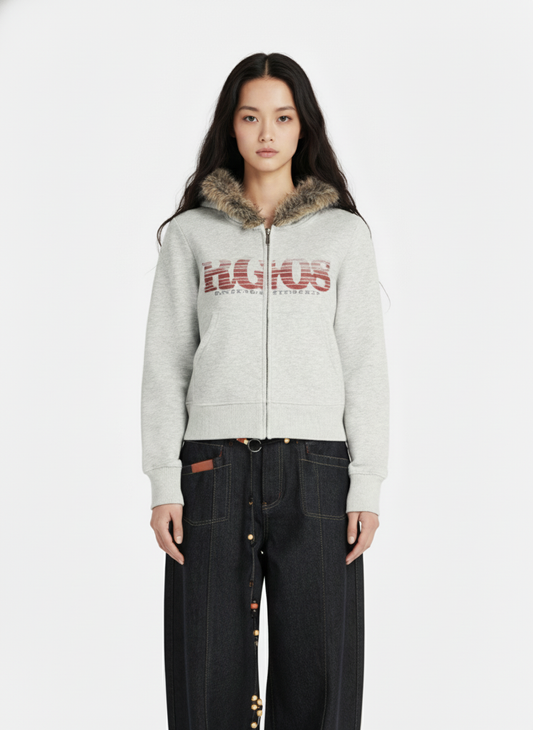 Thesupermade American Retro Gradient Letter Print Splicing Cardigan Fur Collar Coat