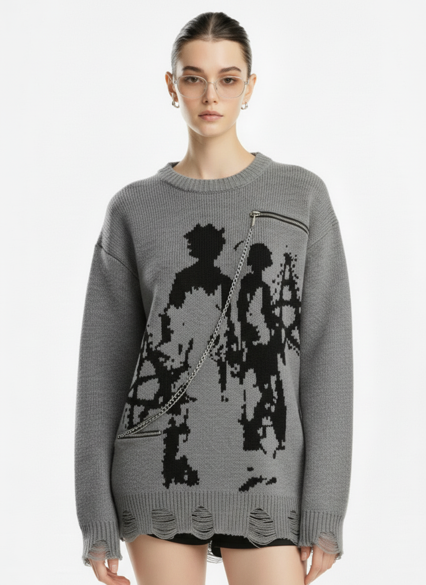Retro Shadow Figure Chain Zip Distressed Knit Sweater