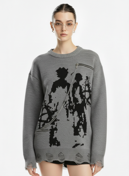 Retro Shadow Figure Chain Zip Distressed Knit Sweater