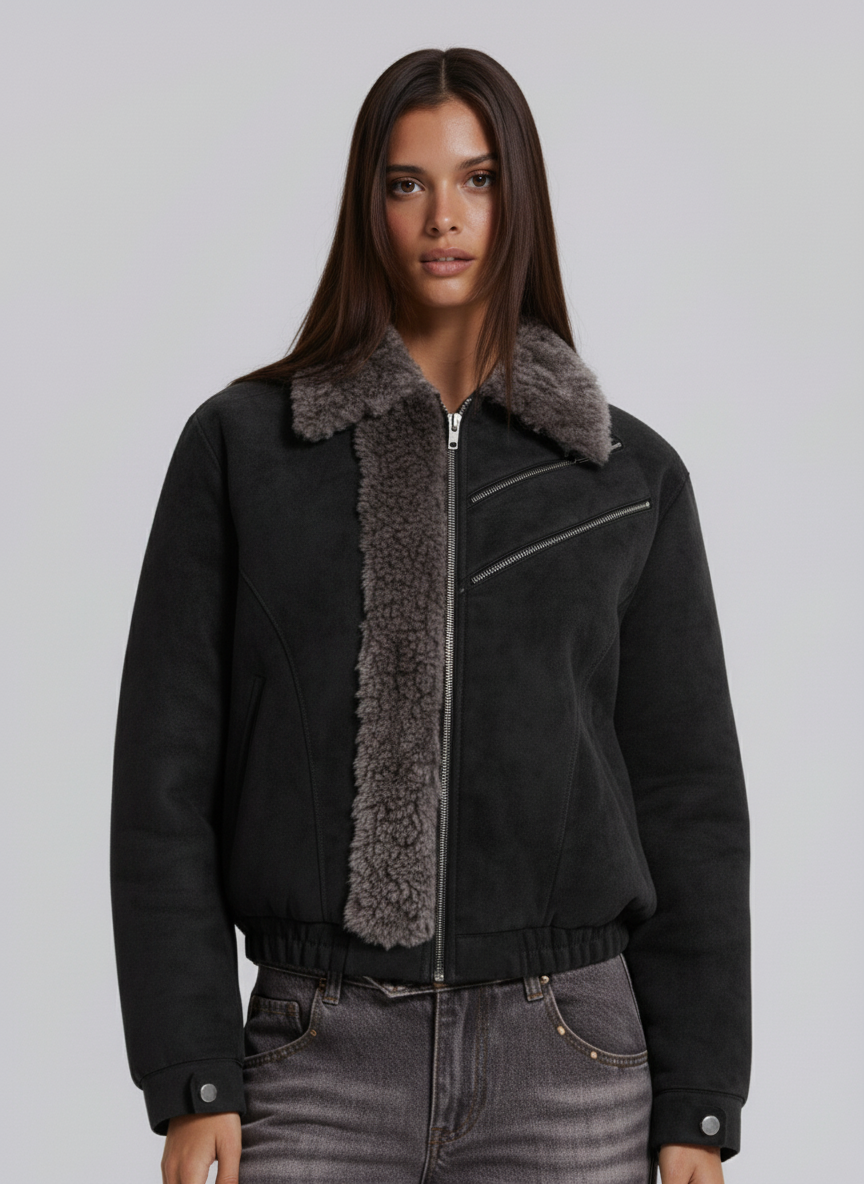 Retro Suede Texture Shearling Collar Fleece Bomber Jacket