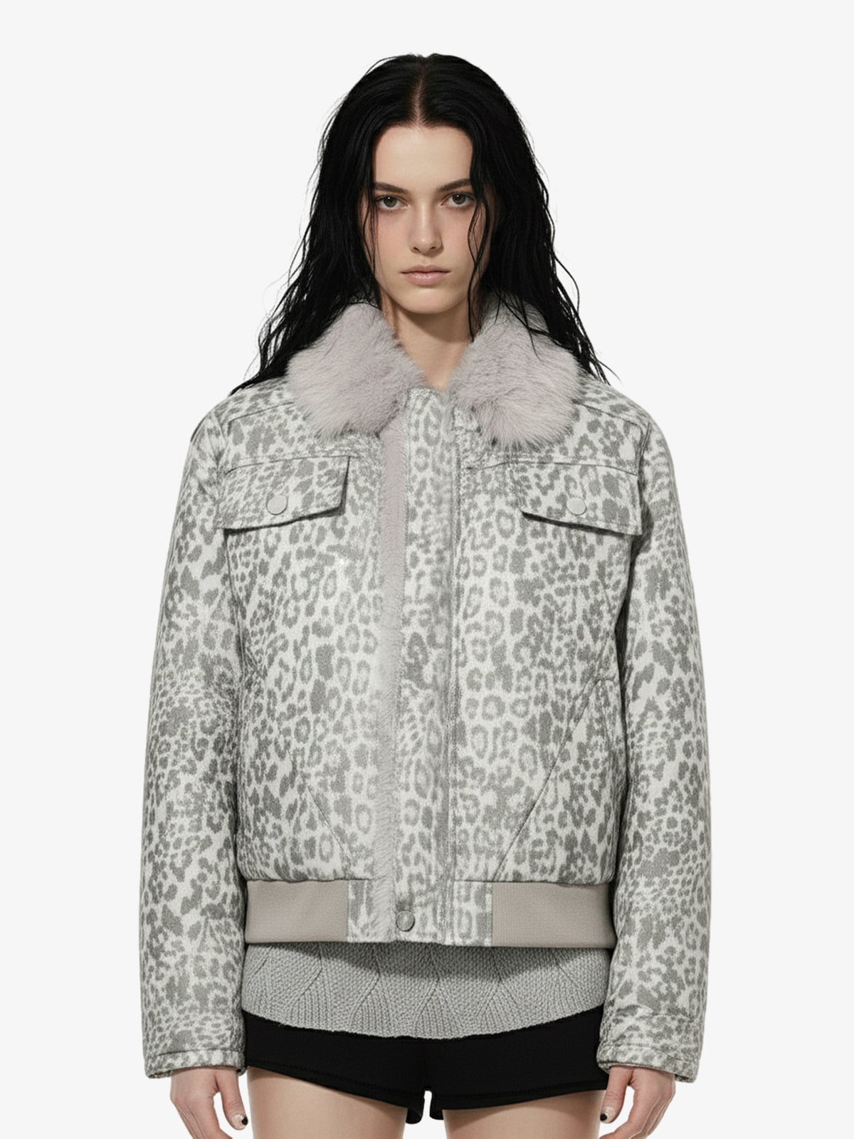 Vintage Leopard Fleece Faux Fur Collar Panel Trim Padded Jacket