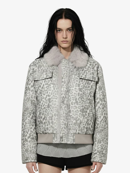 Vintage Leopard Fleece Faux Fur Collar Panel Trim Padded Jacket