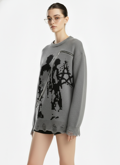 Retro Shadow Figure Chain Zip Distressed Knit Sweater