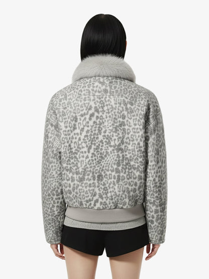 Vintage Leopard Fleece Faux Fur Collar Panel Trim Padded Jacket