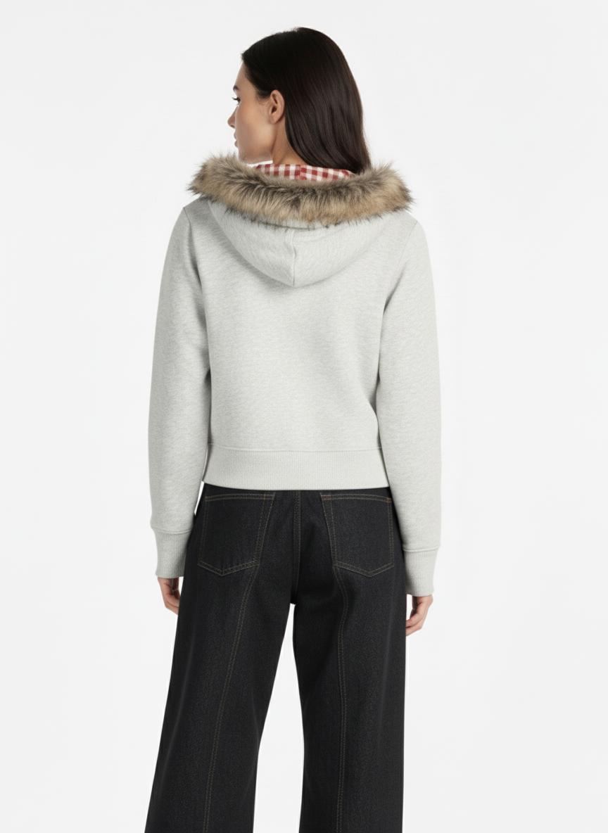 Thesupermade American Retro Gradient Letter Print Splicing Cardigan Fur Collar Coat