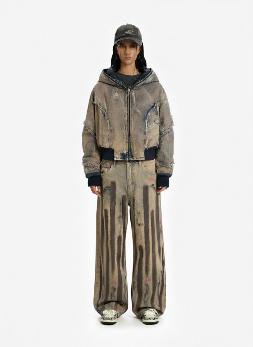 Distressed Mud-Dyed Frayed Edge Denim Bomber Jacket