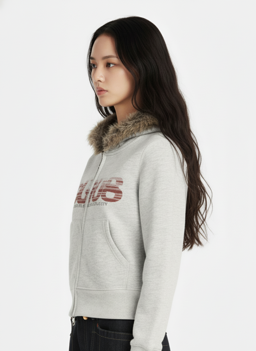 Thesupermade American Retro Gradient Letter Print Splicing Cardigan Fur Collar Coat