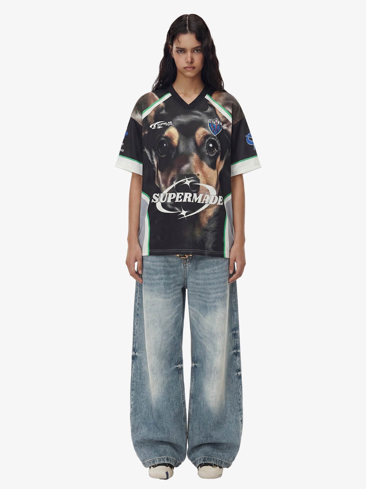 Doberman Graphic Racing Moto Style V-Neck Jersey T-Shirt