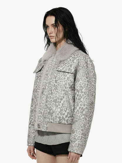 Vintage Leopard Fleece Faux Fur Collar Panel Trim Padded Jacket