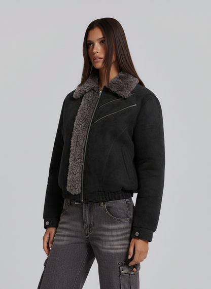 Retro Suede Texture Shearling Collar Fleece Bomber Jacket