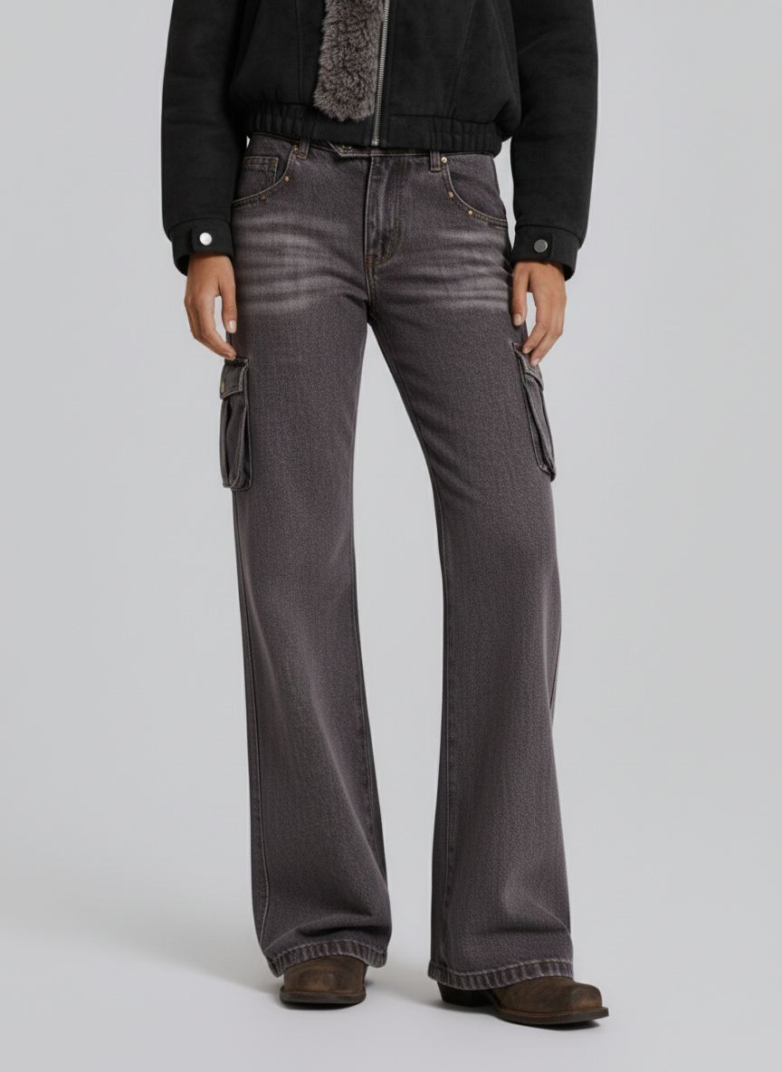Retro Faded Multi-Pocket Flared Cargo Jeans