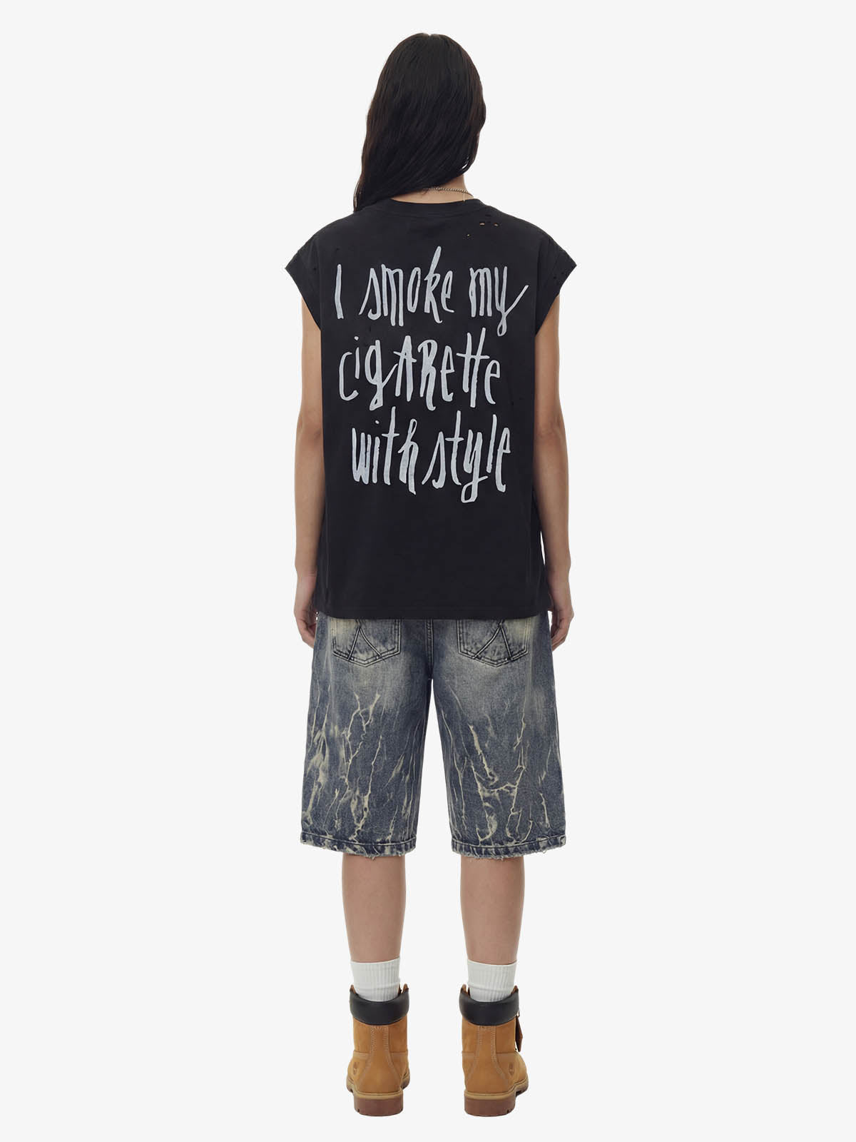 Vintage Distressed Hole Washed Letter Print Sleeveless Knit T-Shirt