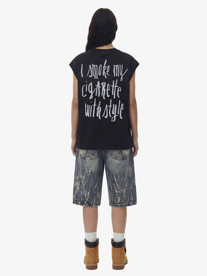 Vintage Distressed Hole Washed Letter Print Sleeveless Knit T-Shirt