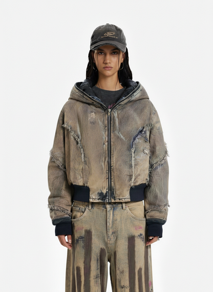 Distressed Mud-Dyed Frayed Edge Denim Bomber Jacket