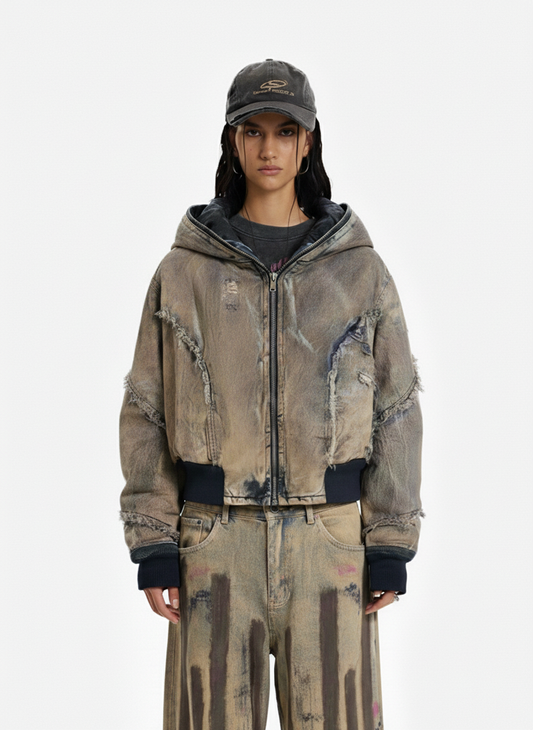 Distressed Mud-Dyed Frayed Edge Denim Bomber Jacket