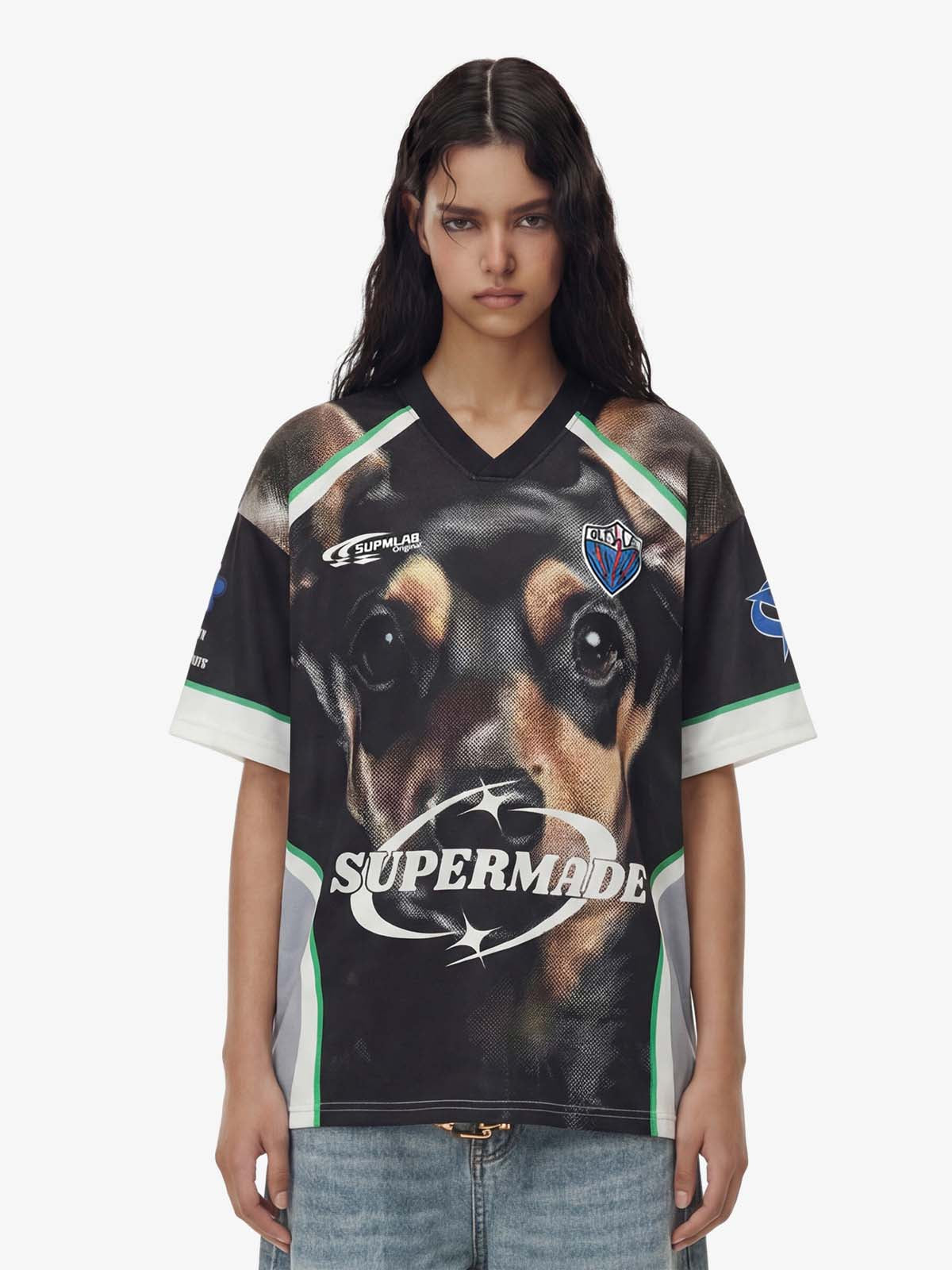 Doberman Graphic Racing Moto Style V-Neck Jersey T-Shirt