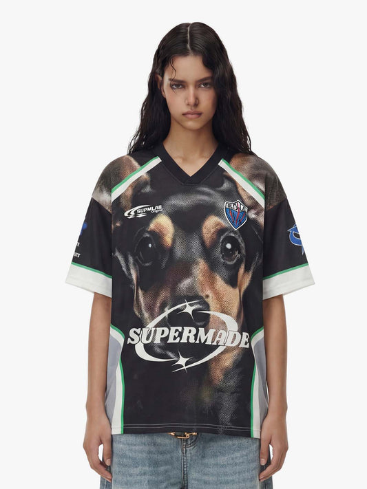 Doberman Graphic Racing Moto Style V-Neck Jersey T-Shirt
