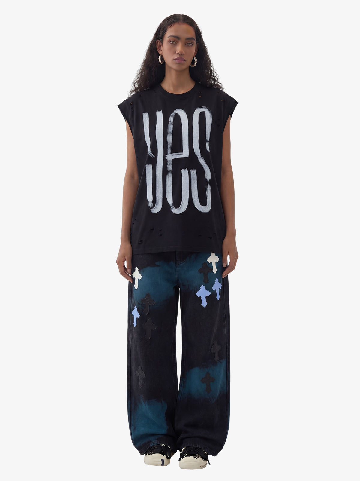 Smoke Fade Wash Cross Patch Baggy Denim Jeans