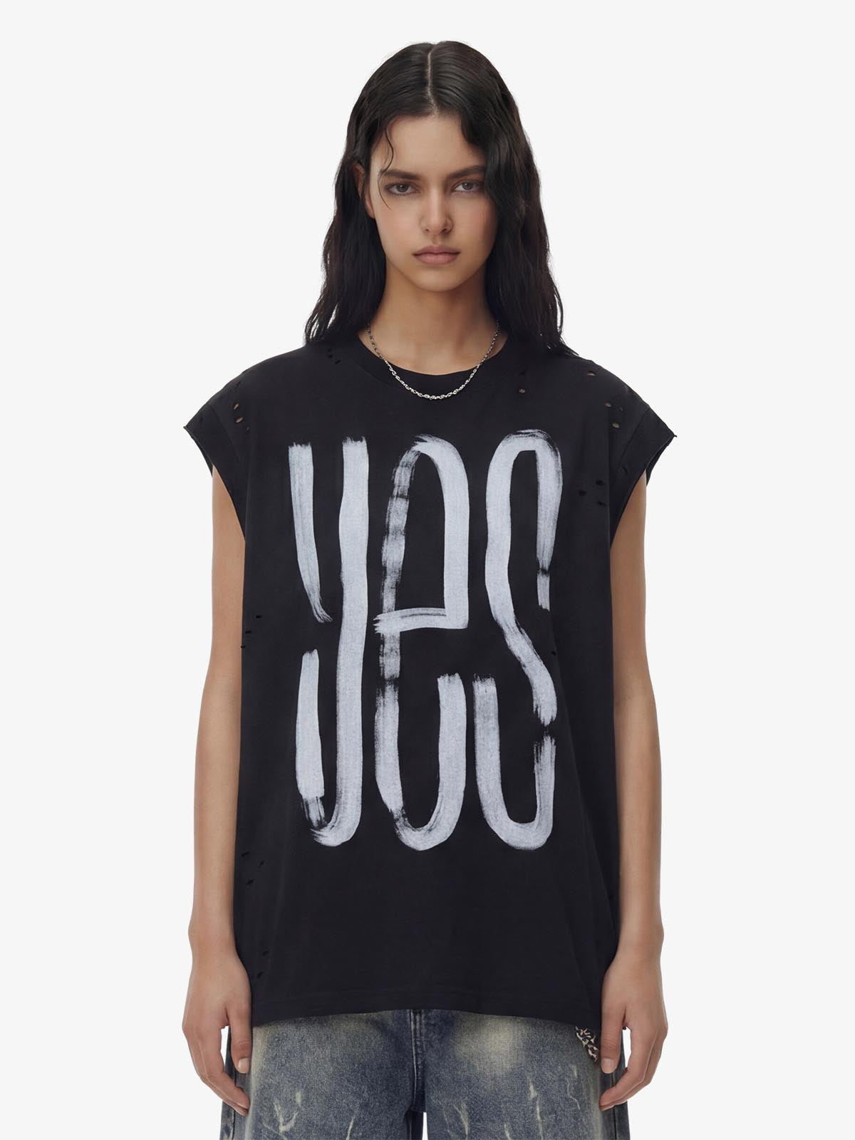 Vintage Distressed Hole Washed Letter Print Sleeveless Knit T-Shirt