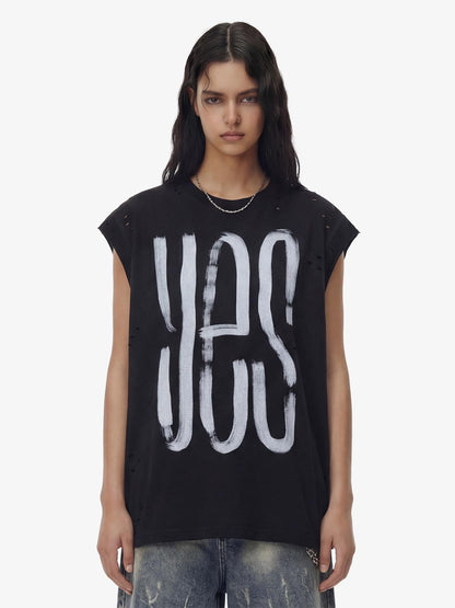 Vintage Distressed Hole Washed Letter Print Sleeveless Knit T-Shirt