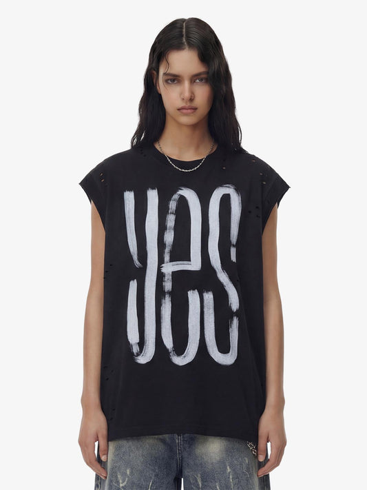 Vintage Distressed Hole Washed Letter Print Sleeveless Knit T-Shirt