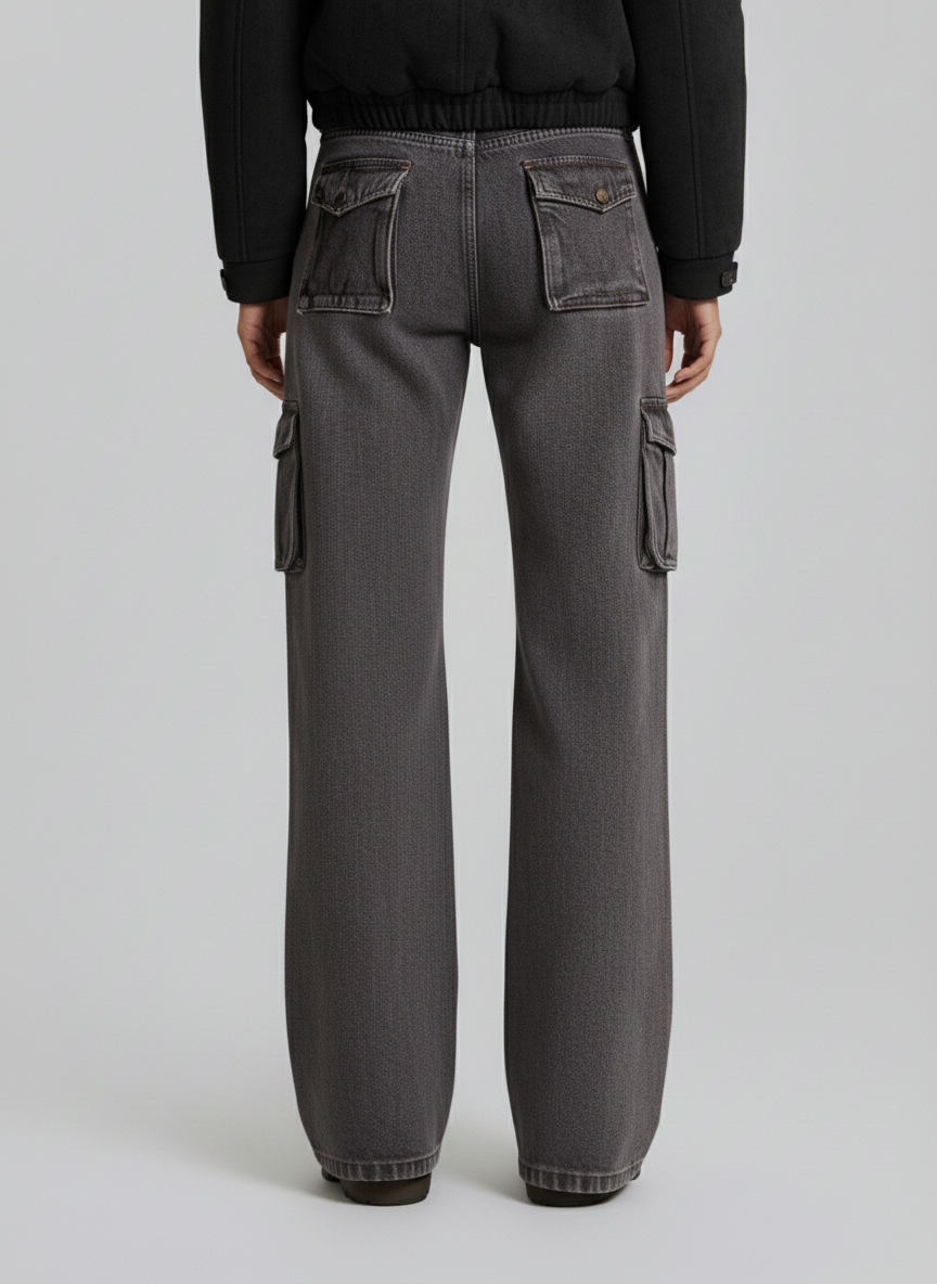 Retro Faded Multi-Pocket Flared Cargo Jeans