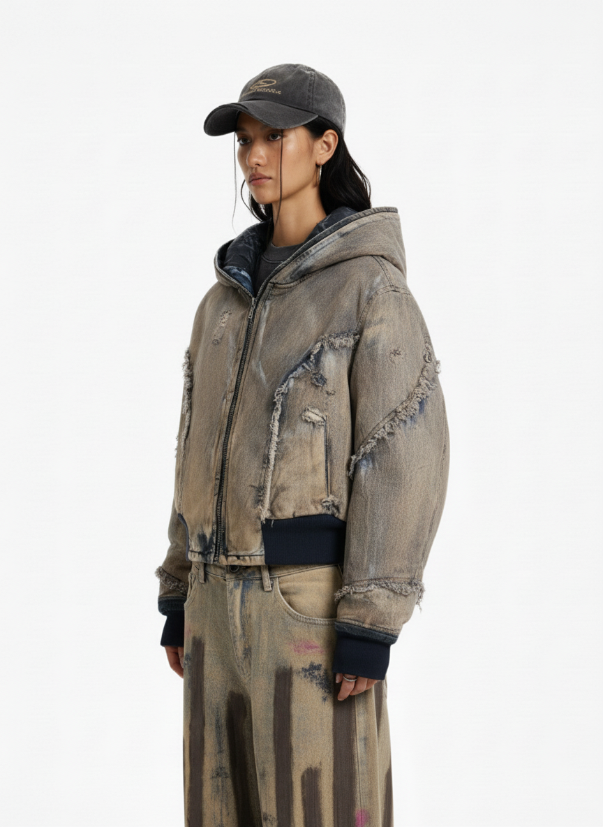 Distressed Mud-Dyed Frayed Edge Denim Bomber Jacket