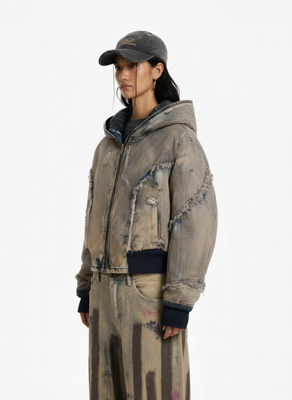 Distressed Mud-Dyed Frayed Edge Denim Bomber Jacket