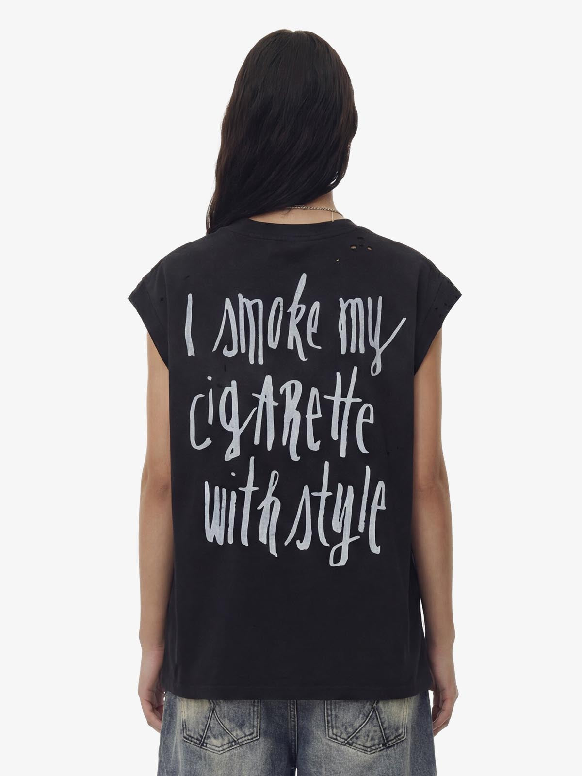 Vintage Distressed Hole Washed Letter Print Sleeveless Knit T-Shirt