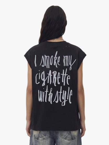 Vintage Distressed Hole Washed Letter Print Sleeveless Knit T-Shirt