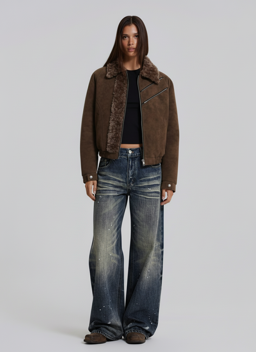 Retro Suede Texture Shearling Collar Fleece Bomber Jacket