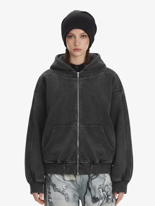 Vintage Washed Panel Construction Zip-Up Hoodie