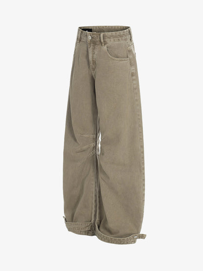Olive Green Wide-Leg Cargo Pants with High Waist and Multiple Pockets 