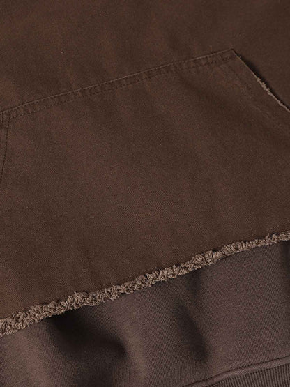 Distressed Patchwork Raw-Edge Layered-Hem Fleece Hoodie 