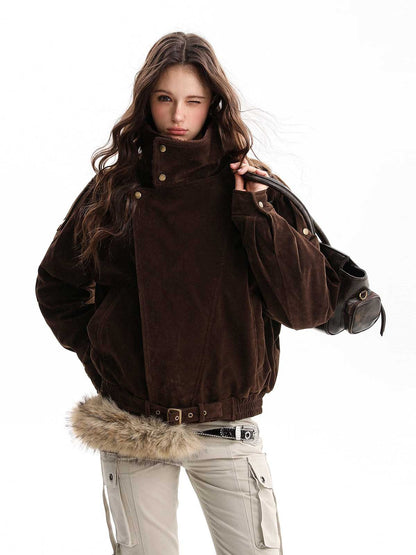 Retro Lambswool Stand Collar Asymmetrical Suede Padded Jacket