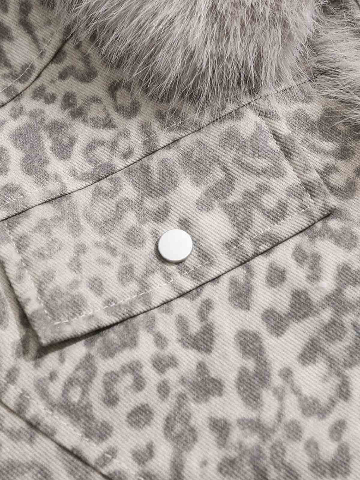 Vintage Leopard Fleece Faux Fur Collar Panel Trim Padded Jacket 