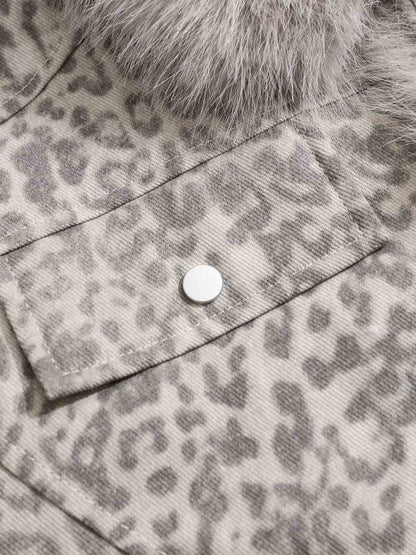 Vintage Leopard Fleece Faux Fur Collar Panel Trim Padded Jacket 