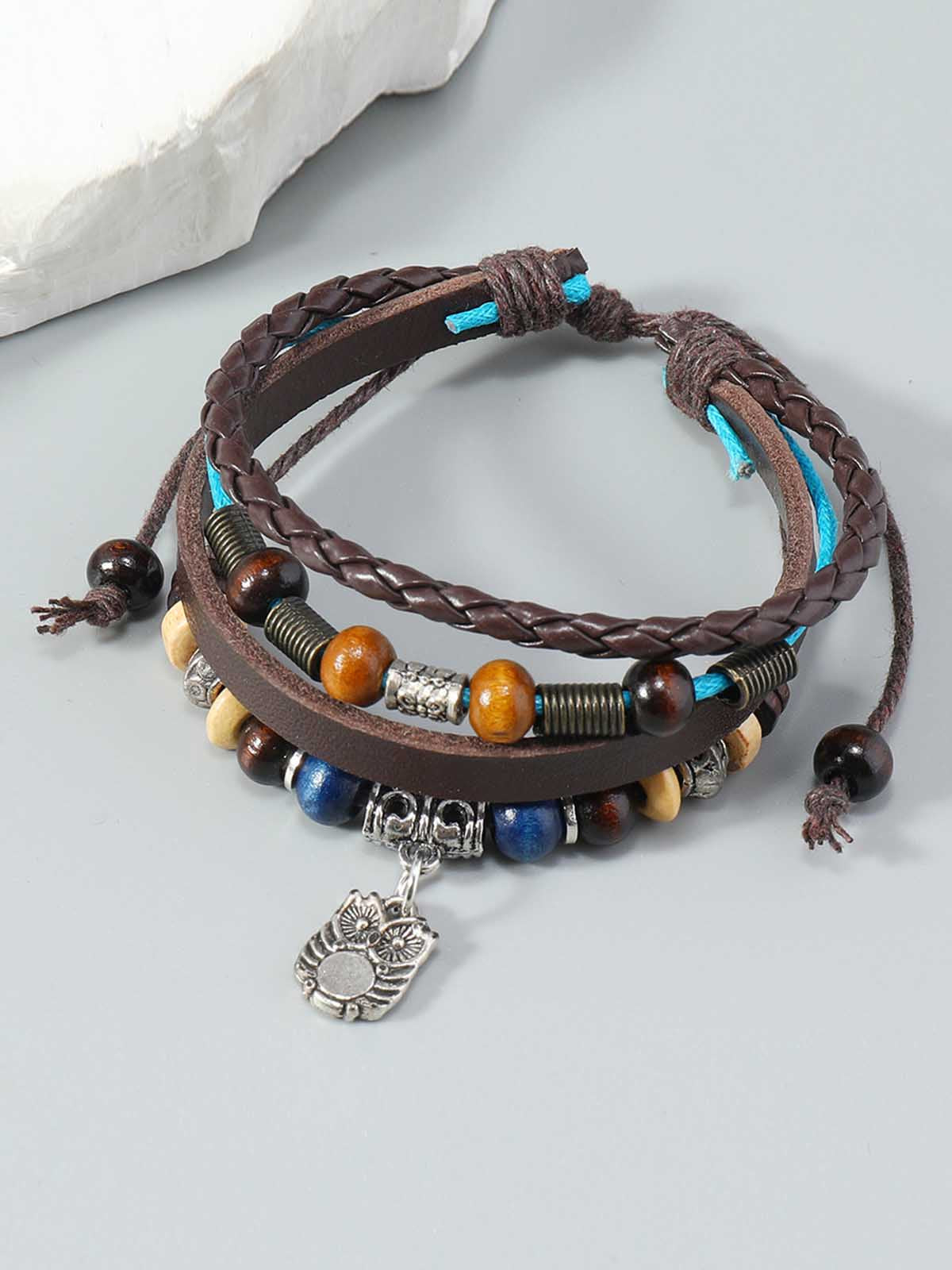 Leather and Beaded Wrap Bracelet with Silver Charm for Men and Women 
