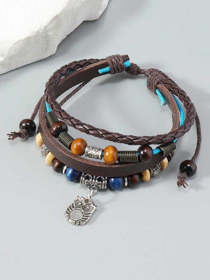 Leather and Beaded Wrap Bracelet with Silver Charm for Men and Women 