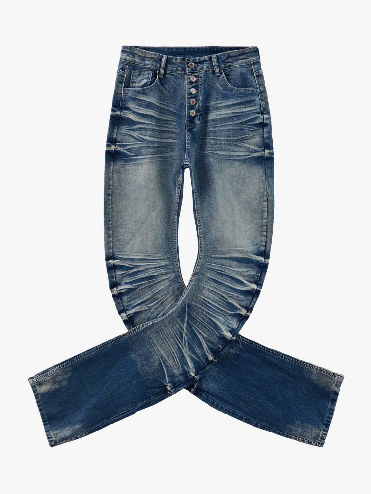 Black Denim Flared Jeans with Button Front High Waist Design?