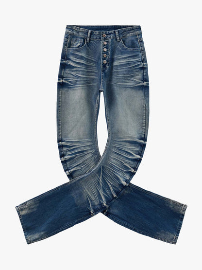 Black Denim Flared Jeans with Button Front High Waist Design?